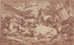 Dieren in een stal (rood krijt op gelegd papier) door Philip James de (1740-1812) Loutherbourg