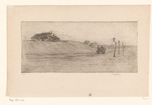 Landschap met huizen, lantaarns en wagen