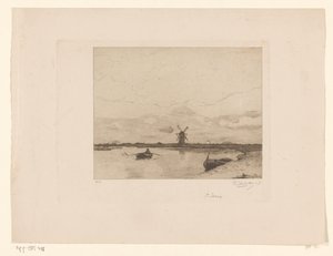 Vaart met roeiboot in weidelandschap met molen door Philip Zilcken (signed by artist)