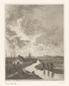 Weidelandschap met sloot, boerderij en molens