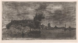 Landschap met huizen en molen aan het water door Philip Zilcken