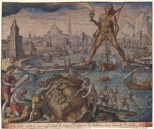 De Kolossus van Rhodos uit de serie De Acht Wereldwonderen naar Maarten van Heemskerck, 1572