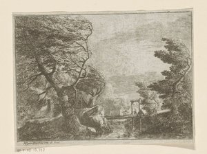 Stormachtig landschap met bomen naast een brug over een rivier