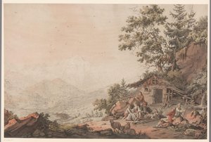 Familie bij een huis in de bergen door Philipp Jacques Loutherbourg (I) (attributed to)