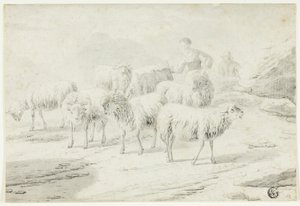 Herderin en schapen door Philipp Peter Roos
