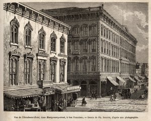 Uitzicht op het Occidental Hotel (Occidental Hotel), in Montgomery-street (Montgomery street), San Francisco (Californië), gravure naar de tekening van Ph. Benoist, ter illustratie van de reis van Washington naar San Francisco, in 1868, door L. Simonin, ge