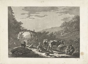 Landschap met melkmeisje en houten brug door Philippe Cardon