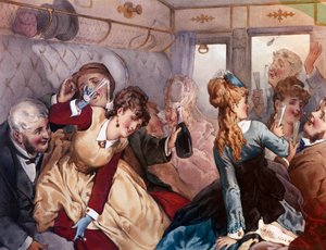 De plezier trein Een groep bourgeois die drinken en zich vermaken in een wagon. Lithografie door Philippe Jacques Linder