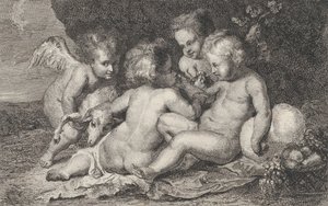 Een groep van drie kinderen en een putto met fruit en een lam, ca. 1760-1801