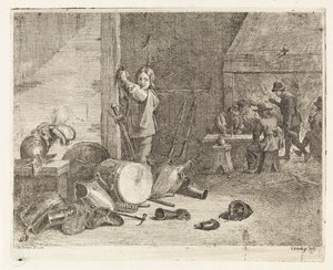 Interieur met jongen bij een trom en wapenrusting