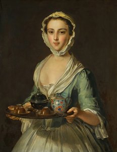 Een jonge vrouw met een theeblad mogelijk Hannah, de dienstmeid van de kunstenaar door Philippe Mercier