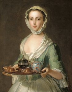 Portret van een jonge vrouw, mogelijk Hannah, de dienstmeid van de kunstenaar, met een theeblad door Philippe Mercier