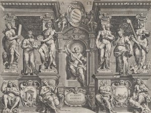Allegorische stelling met verschillende figuren, geplaatst in een architectonische structuur door Philippe Thomassin