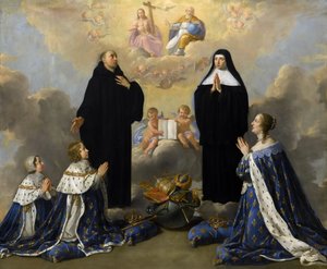 Anna van Oostenrijk met haar kinderen, biddend tot de Heilige Drie-eenheid met de heiligen Benedictus en Scholastica