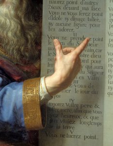 Mozes en de tafelen van de Wet, detail van de hand van Mozes die de tien geboden toont