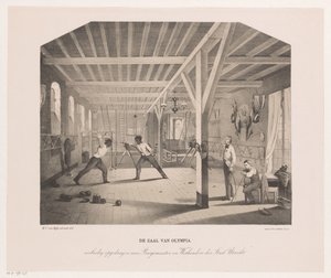 Gezicht in de scherm- en gymnastiekzaal van het studentengezelschap Olympia