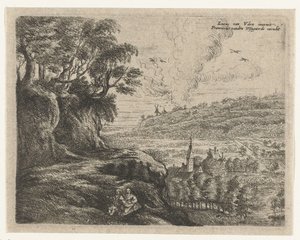 Landschap met een man, vrouw en kind door Philips Augustijn Immenraet