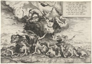 Apollo en Diana doden de kinderen van Niobe door Philips Galle