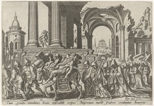 Begrafenis van Simson (De onheilsdagen van het Joodse volk) door Philips Galle
