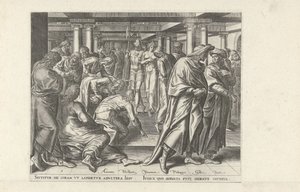 Christus en de overspelige vrouw door Philips Galle