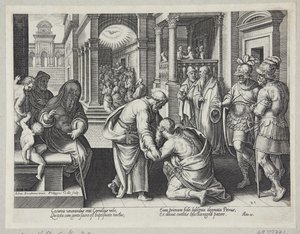 Cornelius knielt voor St. Peter door Philips Galle