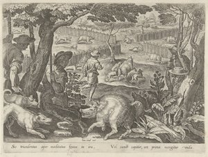 Drijfjacht op zwijnen (Jachttaferelen) door Philips Galle