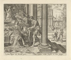 Ester hoort van haar dienstmeisjes dat Mordekai rouwkleren draagt Geschiedenis van Ester door Philips Galle