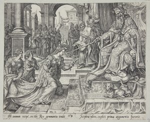 Esther voor Ahasveros, hem uitnodigend voor een banket door Philips Galle