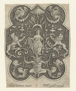 Gehelmde vrouw met schild en speer door Philips Galle
