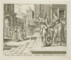 Judith bereidt zich voor op haar vertrek naar het kamp van de vijanden, plaat vier uit Het verhaal van Judith en Holofernes door Philips Galle
