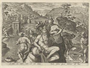 Nachtelijk vissen met een hengel door Philips Galle