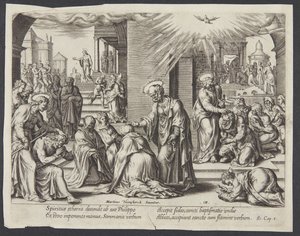 St. Petrus, St. Johannes en St. Philippus leggen hun handen op de gedoopten in Samaria door Philips Galle