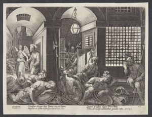 Sint Petrus bevrijd uit de gevangenis door de engel door Philips Galle