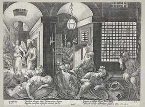 Sint-Pieter bevrijd uit de gevangenis door de engel door Philips Galle