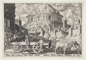 De Chaldeeën nemen de zuilen van de tempel van Jeruzalem mee door Philips Galle