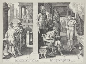 De engel stuurt Cornelius naar St. Peter door Philips Galle