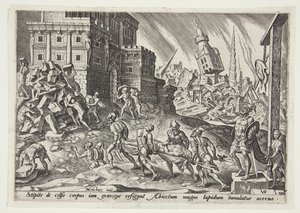 Het lijk van de koning van Ai naar de poort van de stad gebracht door Philips Galle