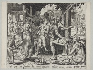 De verloren zoon verkwist zijn erfenis aan hoeren door Philips Galle