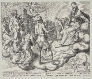 De zonen van God, Satan onder hen, presenteren zich voor de Heer door Philips Galle