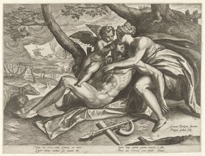 Venus treurt over de dood van Adonis door Philips Galle