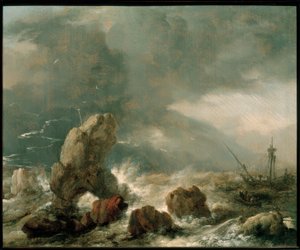 Stormachtige zee met drie schepen in nood