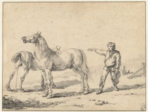Twee paarden, een urineren en de ander hinniken, en een staande man met zijn rechterarm omhoog