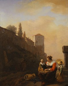 Een boer en twee kinderen rusten voor een toren in Italië