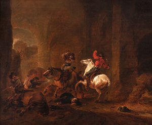 Bandieten die reizigers overvallen op een pad tussen ruïnes, ca.1635-50