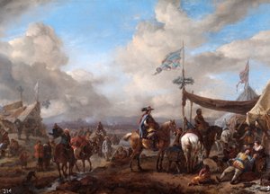 Kampscène met trompetter en hoefsmidstent