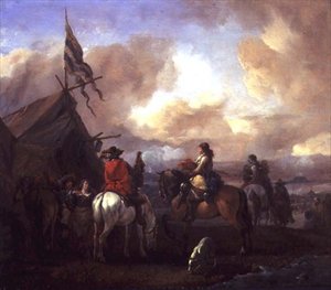 Ruiters in een militair kamp