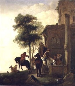 Reizigers die hun paarden water geven buiten een herberg