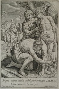 Sint Sebastiaan wordt door twee soldaten aan een boom vastgebonden door Philips van Mallery