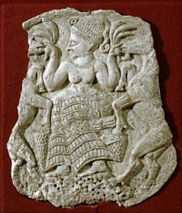 Fenische kunst: gesneden ivoren pyxide deksel, voorstelling van een Myceense vruchtbaarheidsgodin die geiten voedt door Phoenician