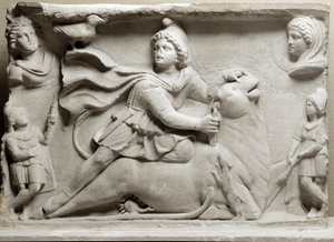 Beschaving van de Feniciërs: offerscène die de godheid Mithra afbeeldt die de stier offert. 2e of 3e eeuw n.Chr. Marmeren reliëf. Parijs, Louvre Museum
